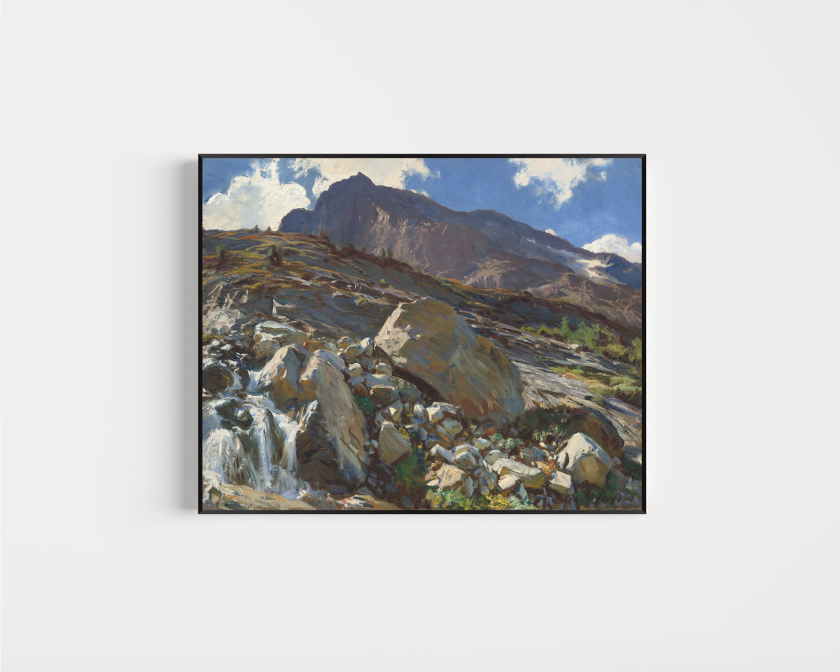 Framed art print of Simplon Pass by John Singer Sargent, in a slim black frame on a plain white wall