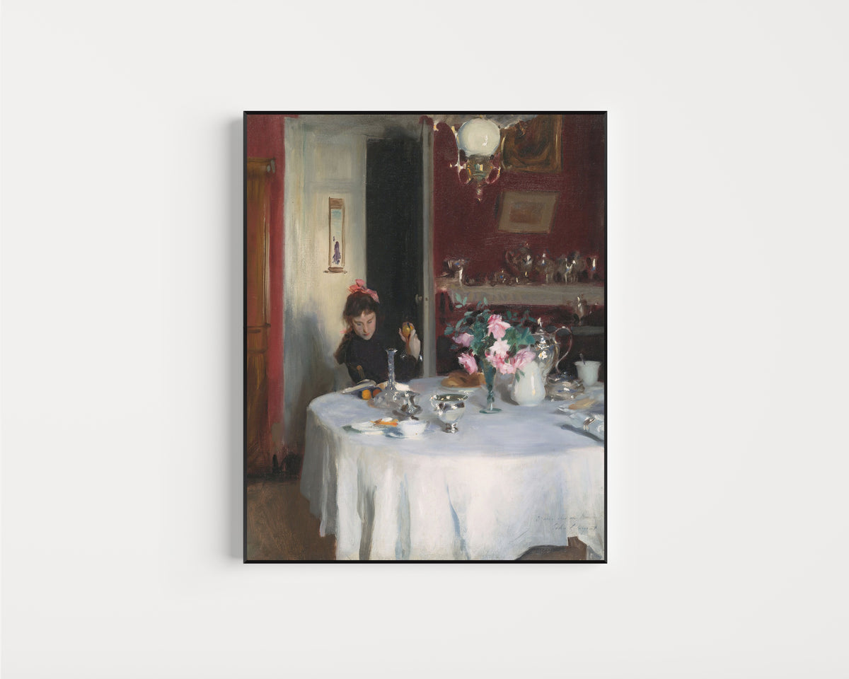 Framed art print of The Breakfast Table by John Singer Sargent, in a slim black frame on a plain white wall