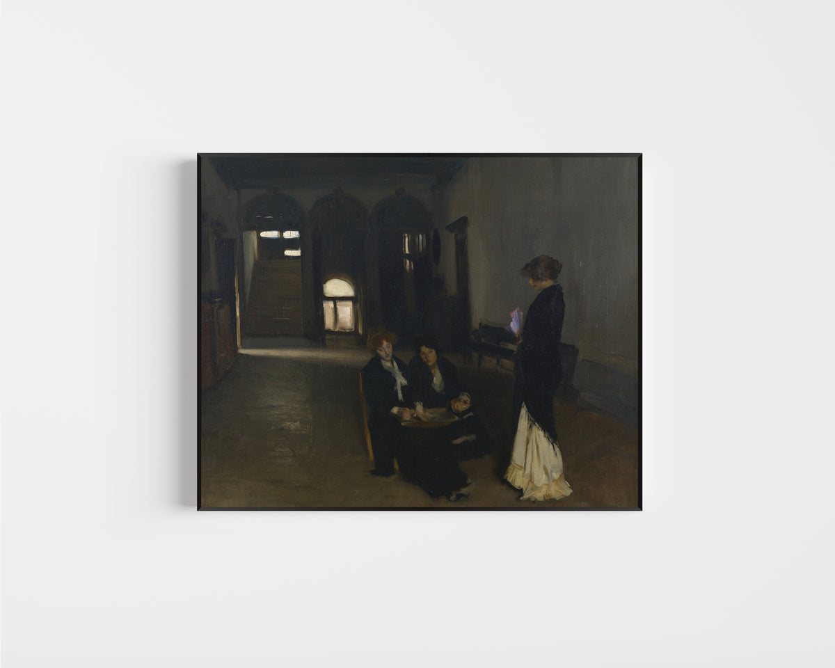 Framed art print of Venetian Bead Stringers by John Singer Sargent, in a slim black frame on a plain white wall