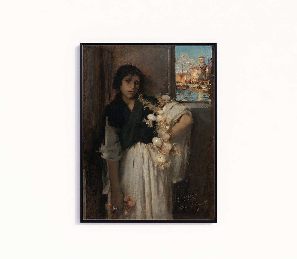 Framed art print of Venetian Onion Seller by John Singer Sargent, in a slim black frame on a plain white wall