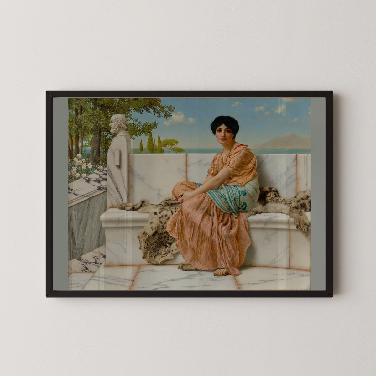 Reverie by John William Godward — in a black frame on a pale wall