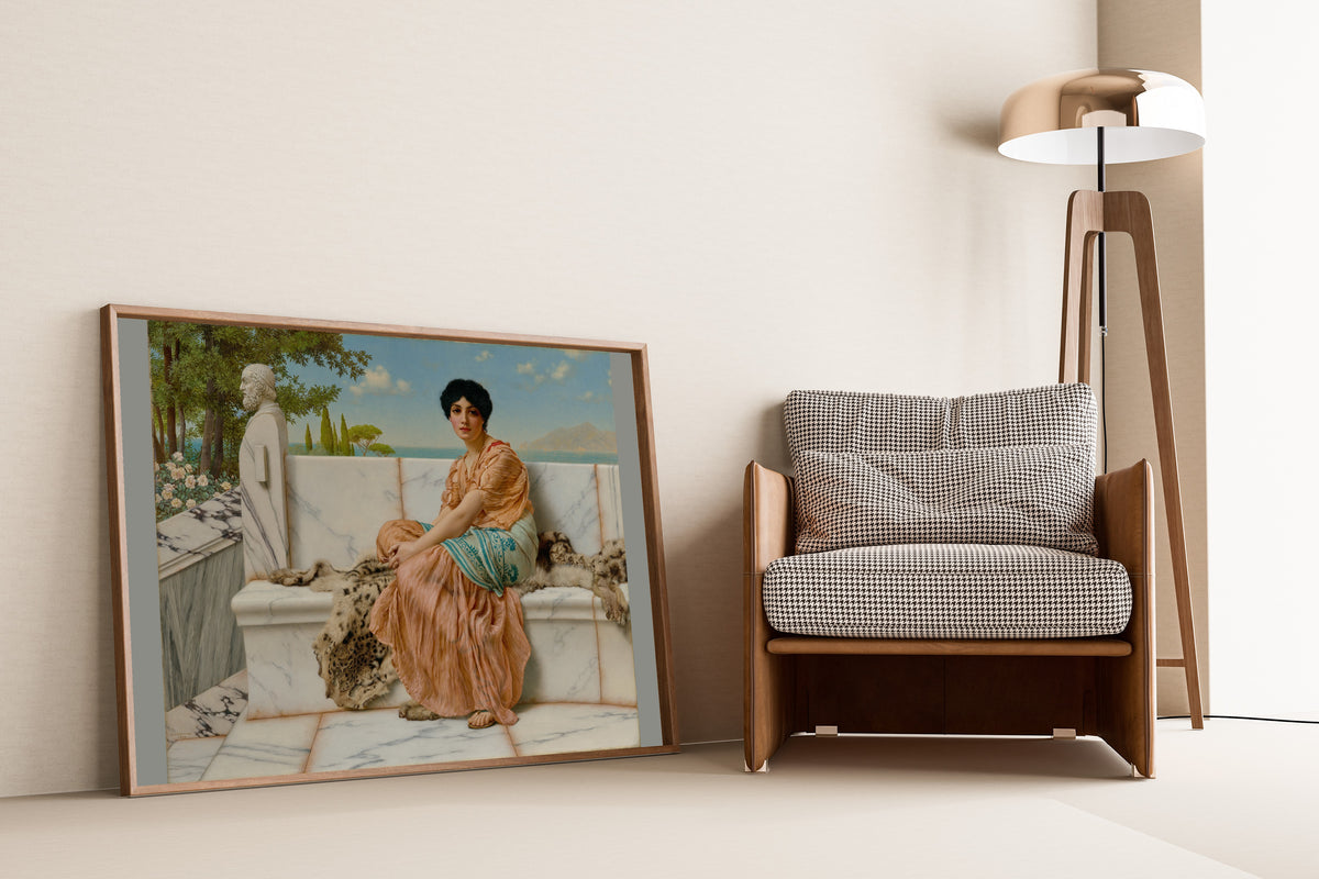 Reverie by John William Godward — framed and leaning against a wall beside an armchair and a floor lamp