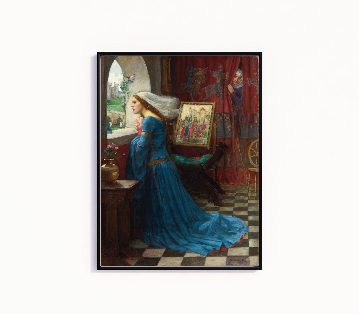 Framed art print of Fair Rosamund by John William Waterhouse, in a slim black frame on a plain white wall