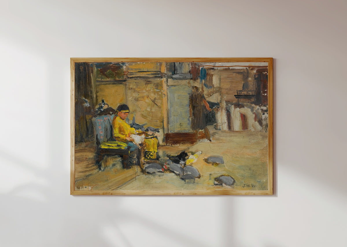 Framed art print of Study for The Favourites of the Emperor Honorius by John William Waterhouse, in a light wood frame on a sunlit white wall