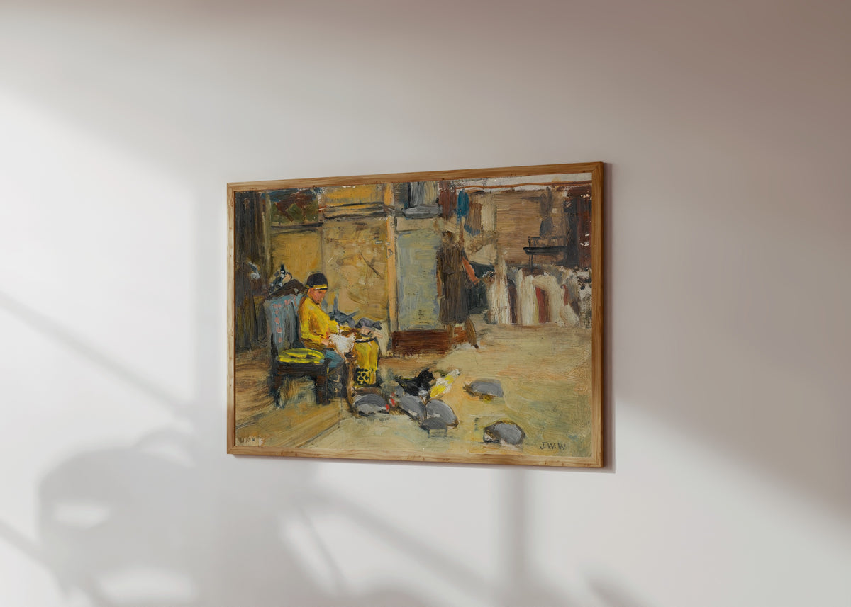 Framed art print of Study for The Favourites of the Emperor… by John William Waterhouse, in a light wood frame on a sunlit white wall, seen at a slight angle