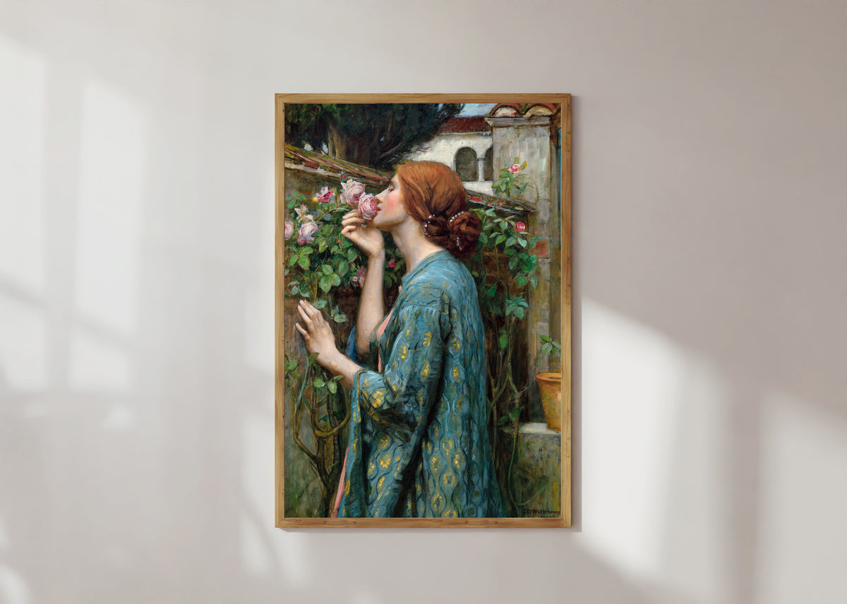 Framed art print of The Soul of the Rose by John William Waterhouse, in a light wood frame on a sunlit white wall