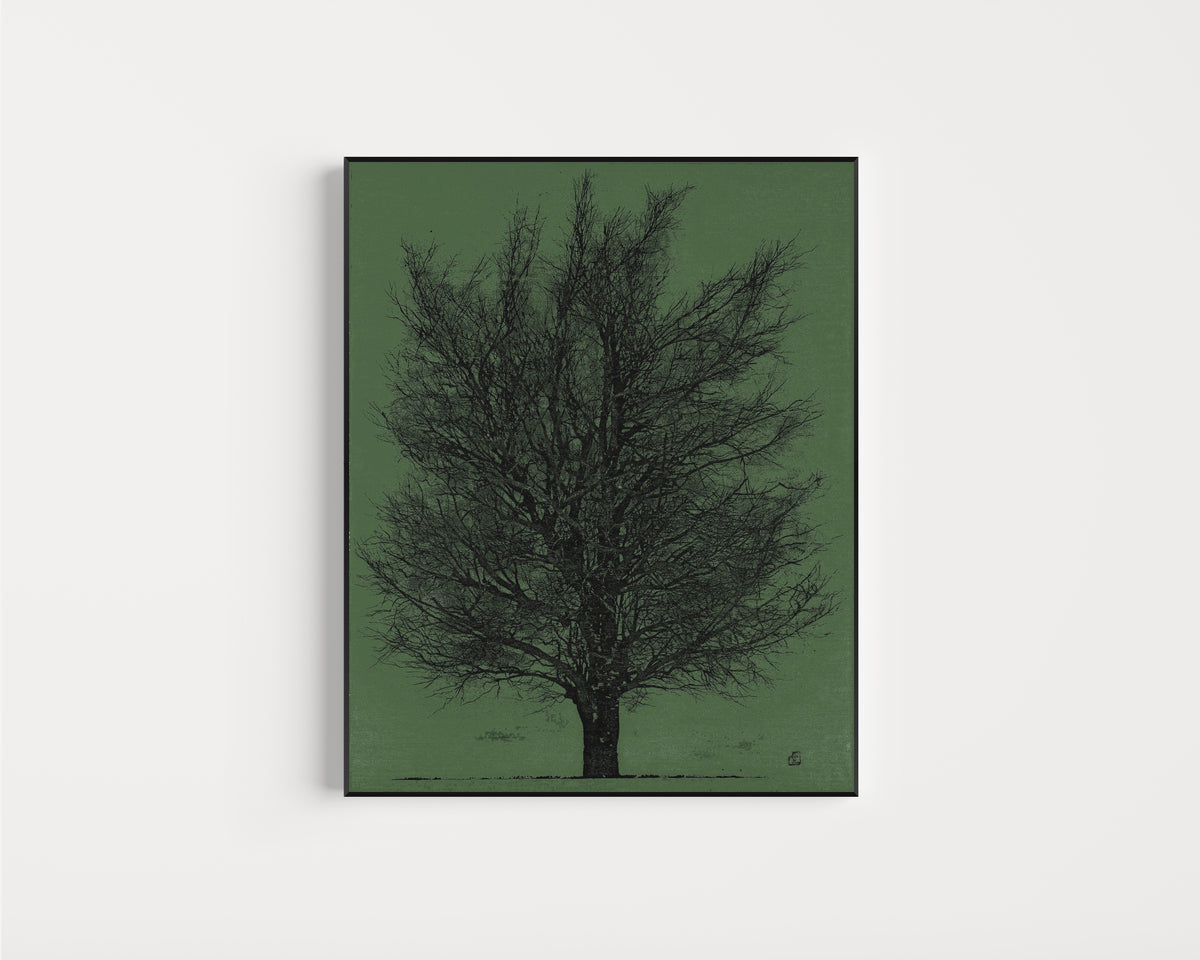 Framed art print of Tree in Black and Green by Joichi Hoshi, in a slim black frame on a plain white wall