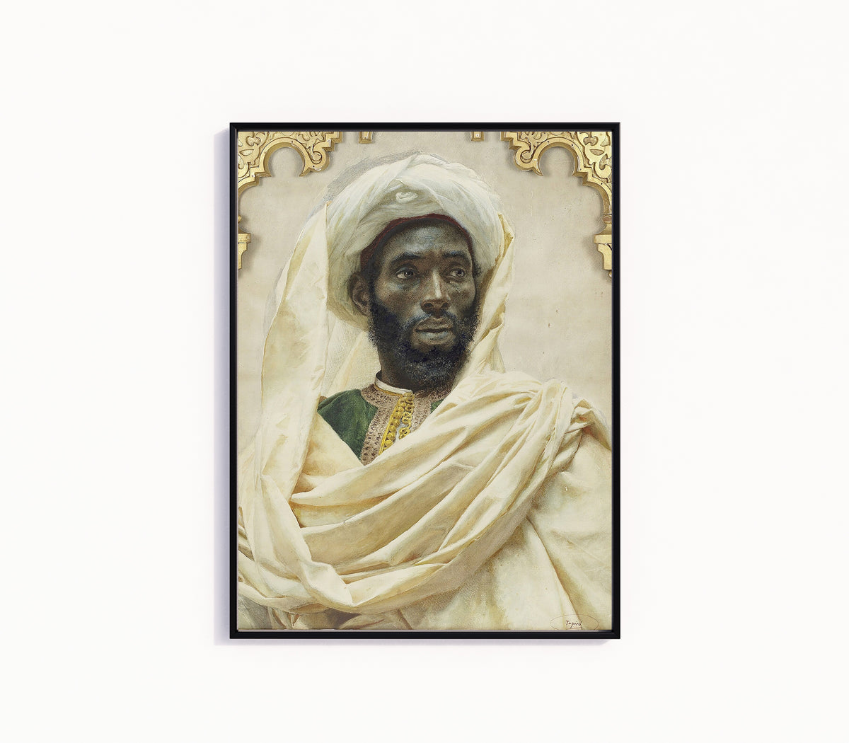 Framed art print of Moorish Man by Josep Tapiró Baró, in a slim black frame on a plain white wall