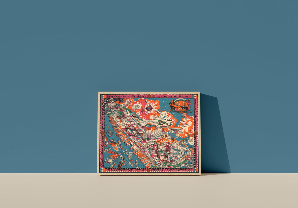 Framed art print of A Map of New York by Joseph B. Platt, in a light wood frame leaning on a blue wall