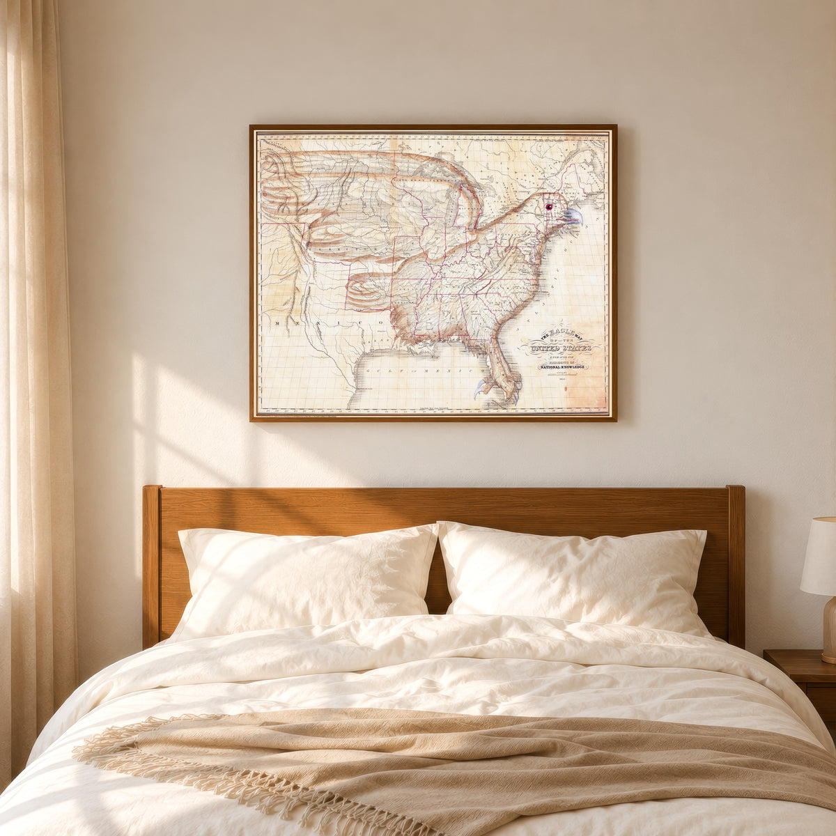 Framed art print of The Eagle Map of the United States by Joseph Churchman, in a slim wood frame above a bed in a sunlit bedroom
