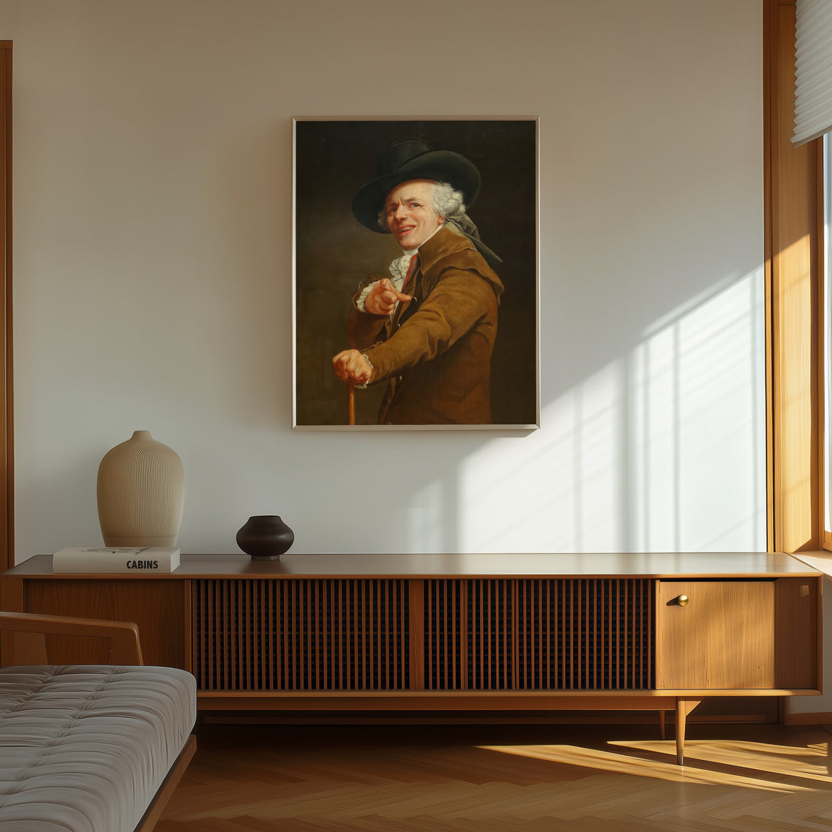 Framed art print of Self-portrait, Yawning / Mocking by Joseph Ducreux, in a thin light frame on a sunlit wall above a wooden sideboard