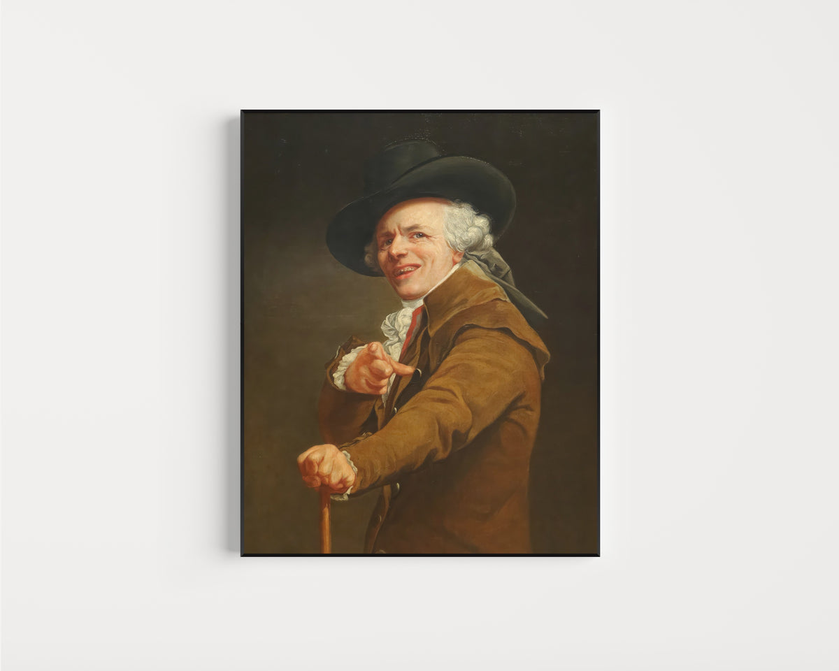 Framed art print of Self-portrait, Yawning / Mocking by Joseph Ducreux, in a slim black frame on a plain white wall