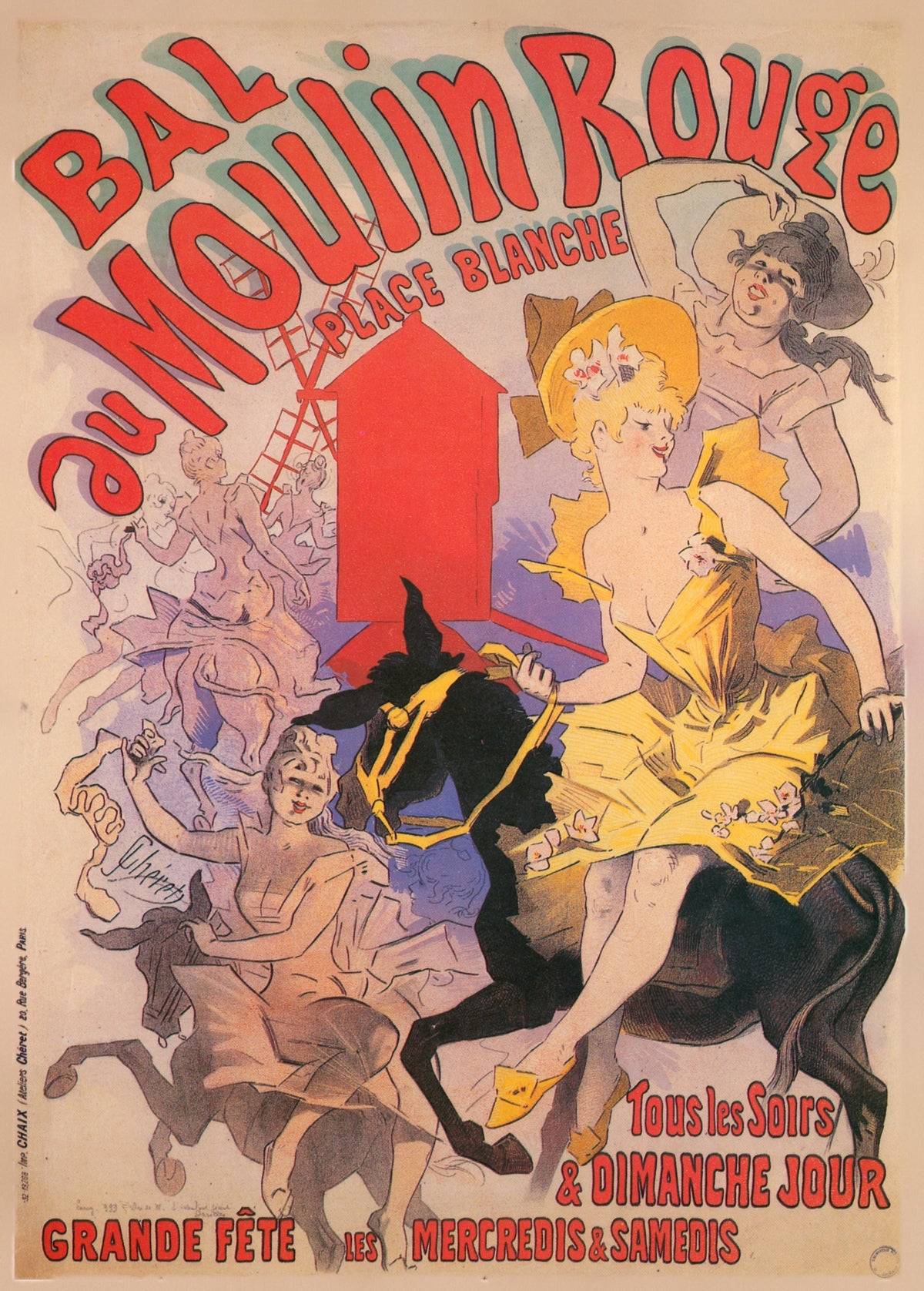 Bal au Moulin Rouge by Jules Chéret — A woman in yellow rides a dark mount past a red windmill