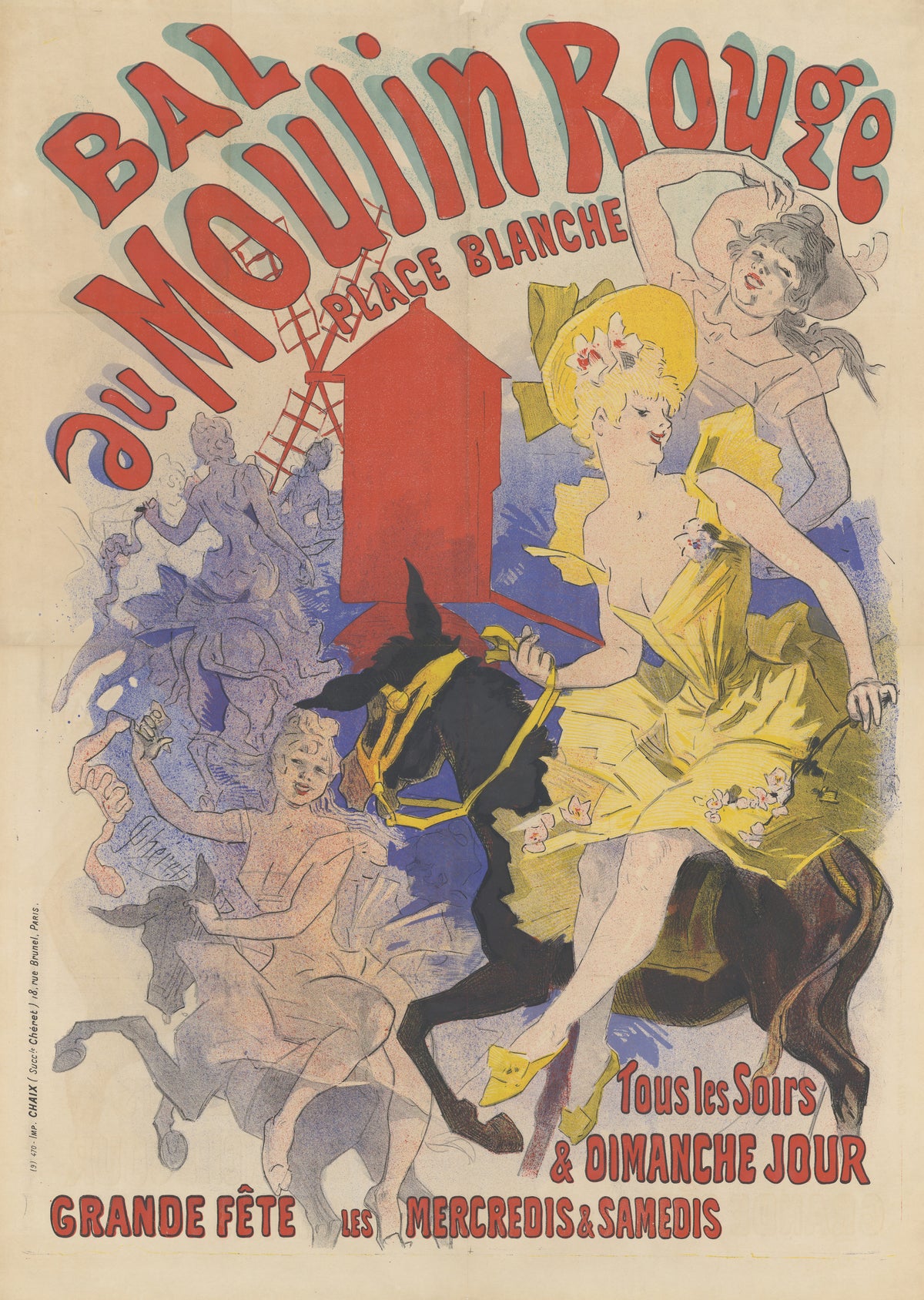 Bal au Moulin Rouge by Jules Chéret — A woman in yellow rides a dark mount past a red windmill
