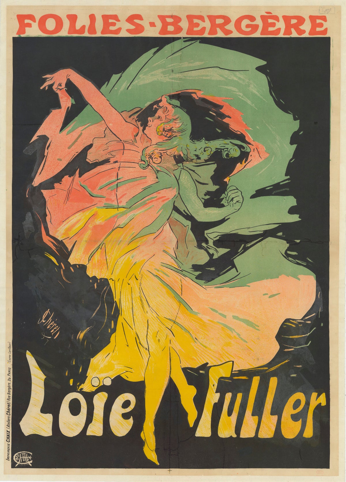 Folies-Bergère, Loïe Fuller by Jules Chéret — A dancer sweeps by in flame-orange, wing-like billowing skirts