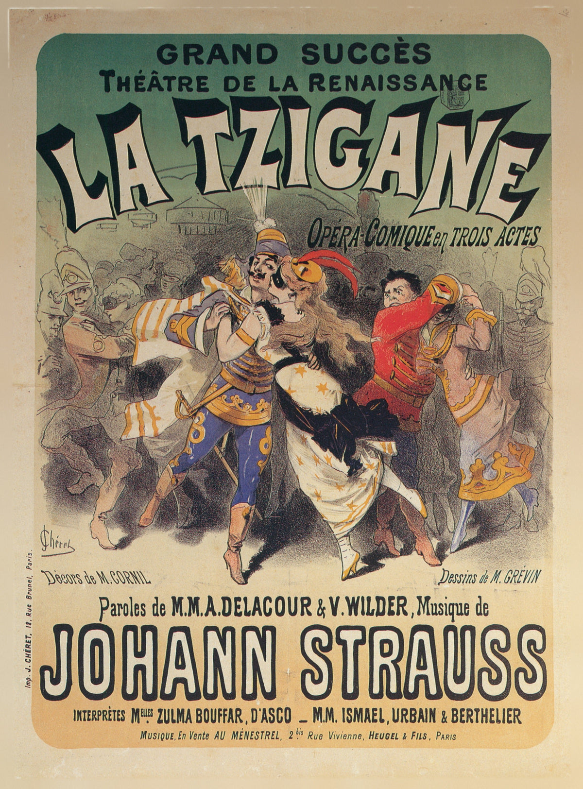 La Tzigane, Théâtre de la Renaissance (Johann Strauss) by Jules Chéret — A plumed dancer embraces a costumed performer in a crowded scene