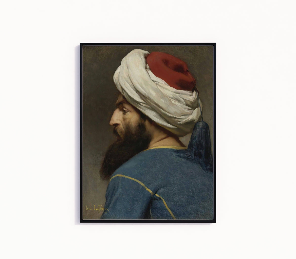 Framed art print of Portrait of an Ottoman by Jules Joseph Lefebvre, in a slim black frame on a plain white wall