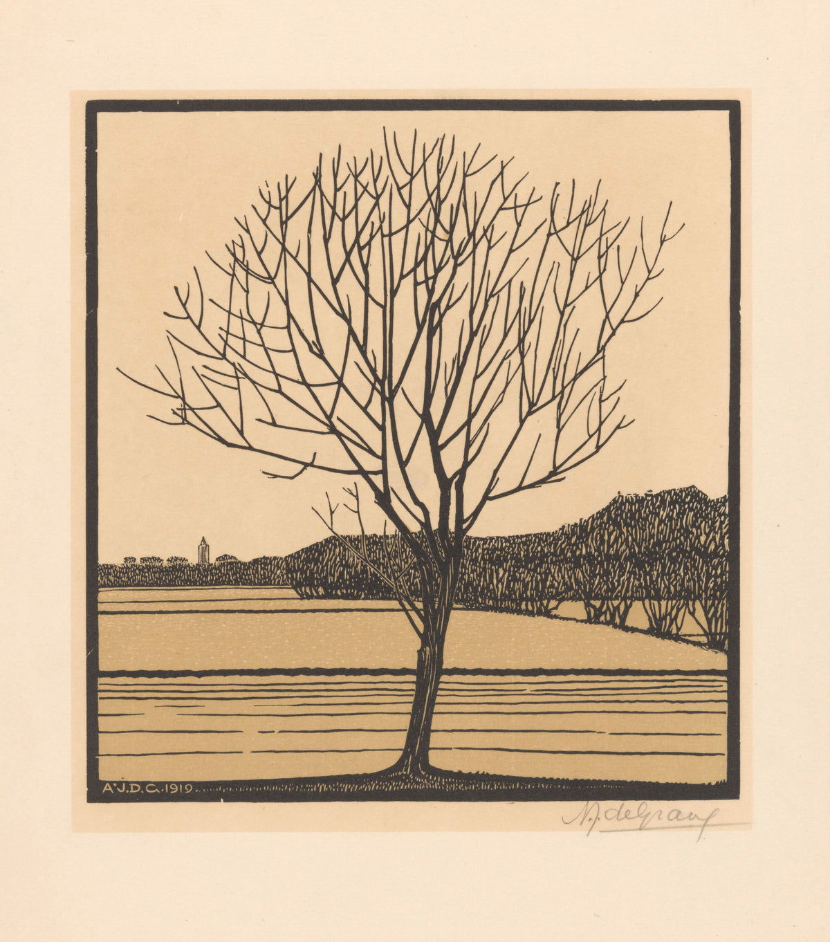 Bare Tree by Water by Julie de Graag — A leafless tree stands at the edge of still water