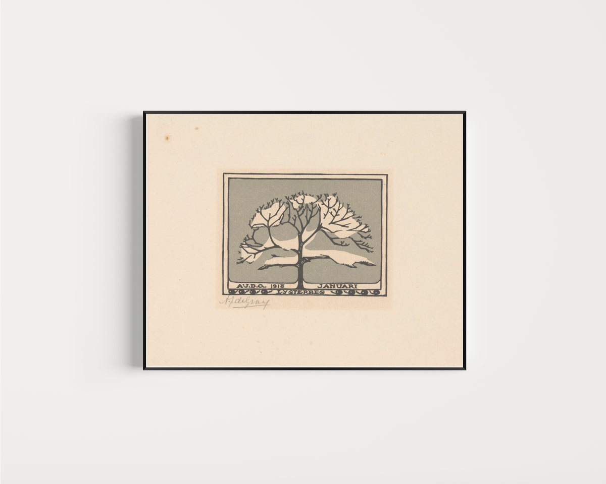 Framed art print of January by Julie de Graag, in a slim black frame on a plain white wall