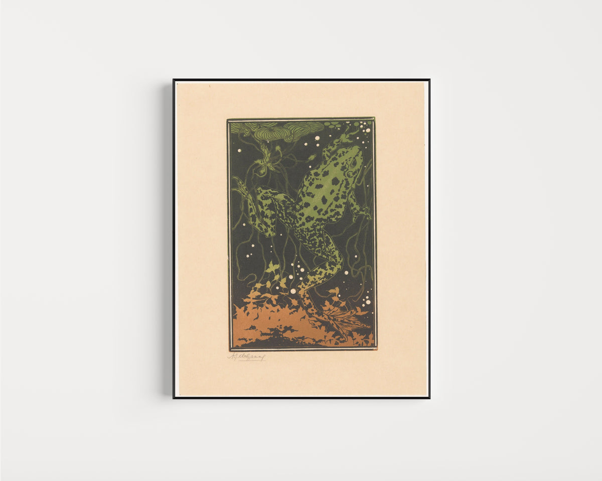 Framed art print of Swimming Frog by Julie de Graag, in a slim black frame on a plain white wall
