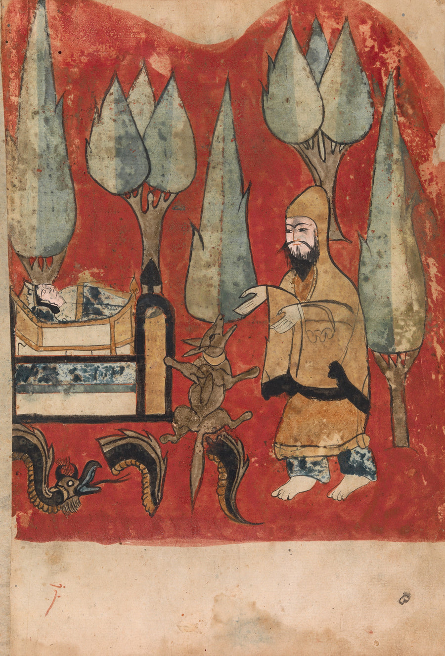 Kalila wa Dimna: The Ascetic Finds his Son Alive in his Crib | Islamic Manuscript Painting Print shown to scale on a wall above a sofa