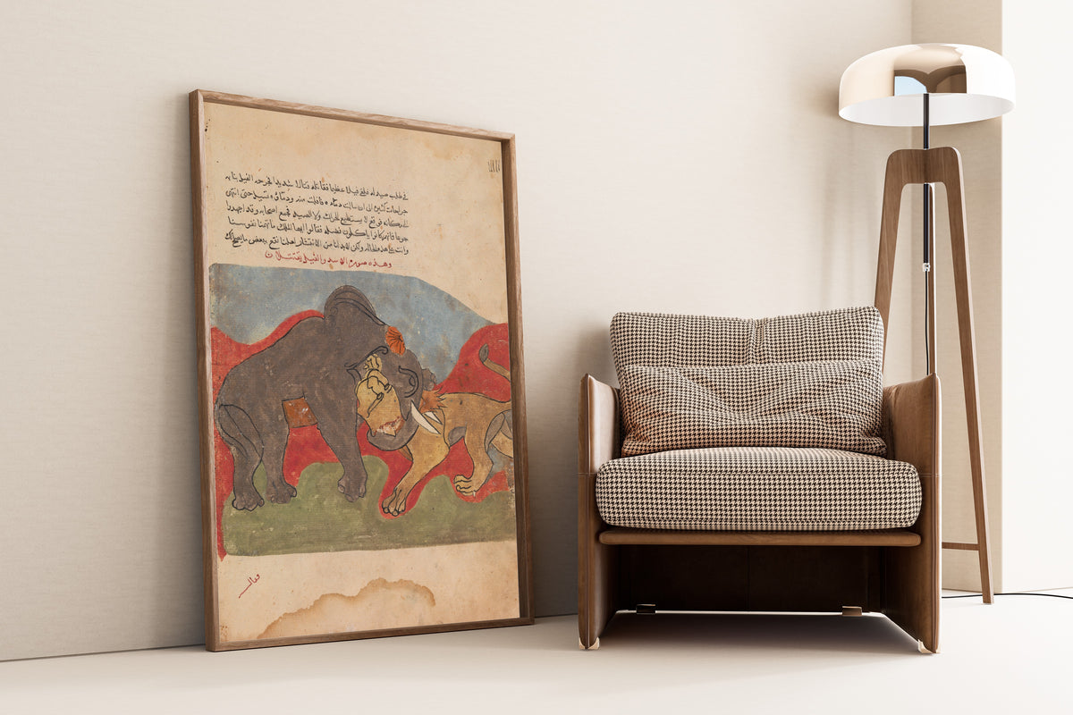 Kalila wa Dimna: The Lion and the Elephant Fighting | Islamic Manuscript Painting Print