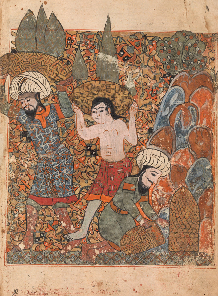 Kalila wa Dimna: The Man who Discovers the Treasure has it Carried Away by Hired Workmen | Islamic Manuscript Painting Print shown to scale on a wall above a sofa