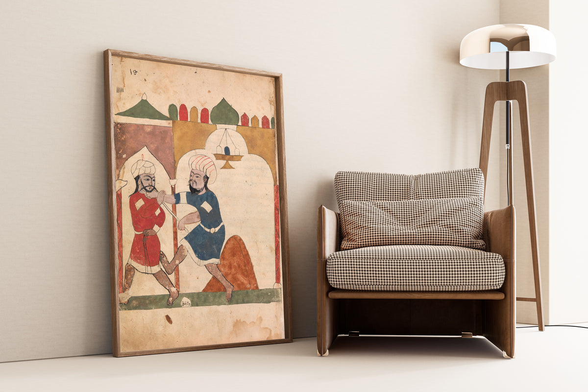 Framed art print of Kalila wa Dimna: The Poor Man Apprehends the Thief, leaning against a wall beside an armchair and a floor lamp