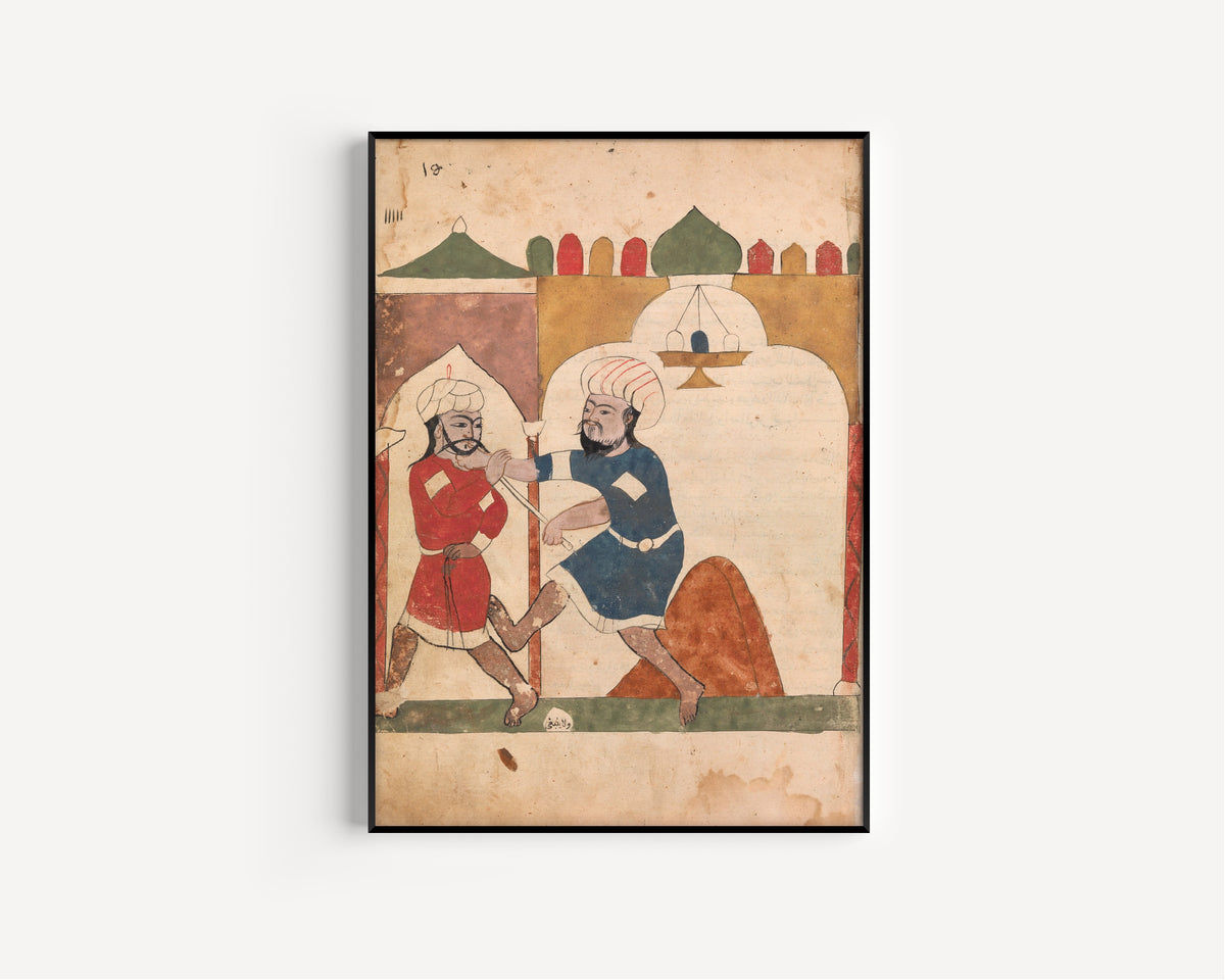Framed art print of Kalila wa Dimna: The Poor Man Apprehends the Thief, in a slim black frame on a plain white wall