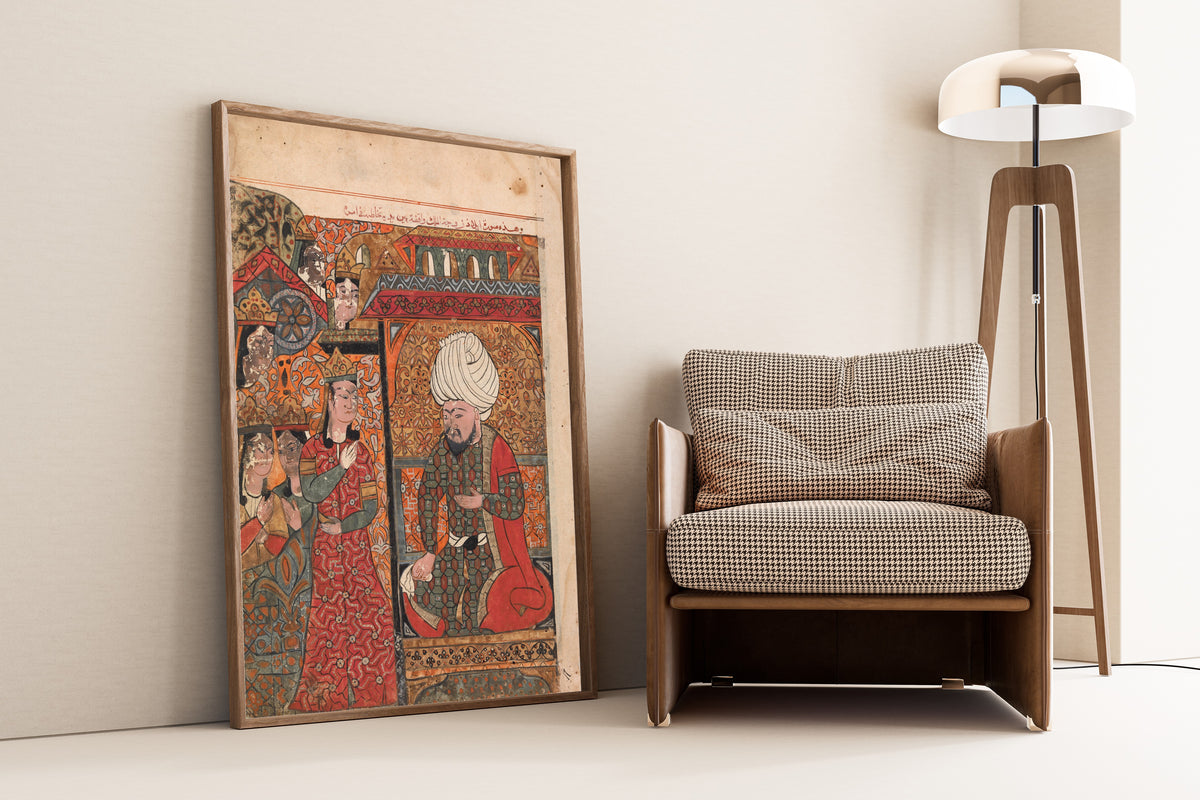 Framed art print of Kalila wa Dimna: The Queen Ilar (Irakht) Before the King, leaning against a wall beside an armchair and a floor lamp