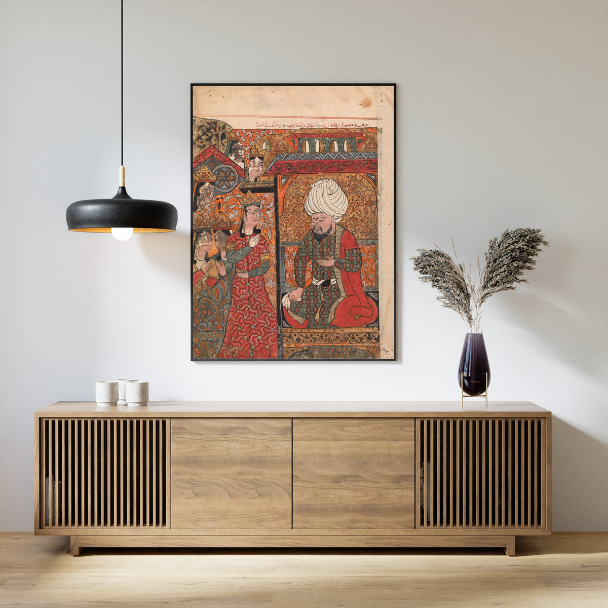 Framed art print of Kalila wa Dimna: The Queen Ilar (Irakht) Before the King, above a slatted wood sideboard