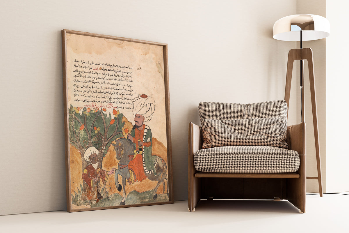 Framed art print of Kalila wa Dimna: The Rogue's Father Emerges from the Tree, leaning against a wall beside an armchair and a floor lamp
