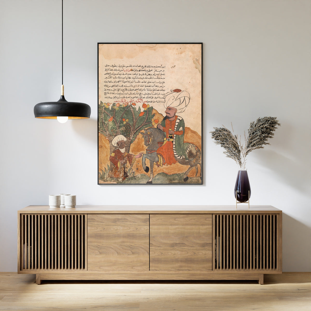Framed art print of Kalila wa Dimna: The Rogue's Father Emerges from the Tree, above a slatted wood sideboard