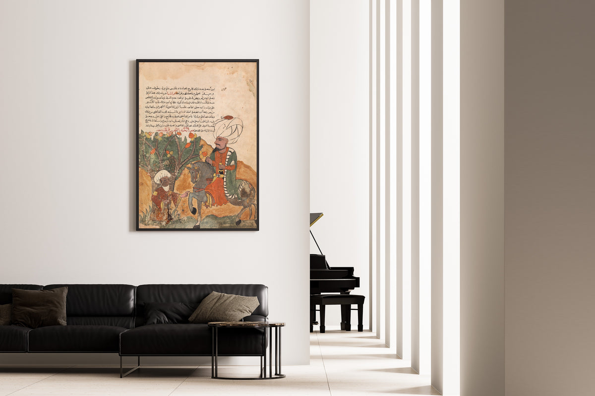 Framed art print of Kalila wa Dimna: The Rogue's Father Emerges from the Tree, on the wall of a minimal living room