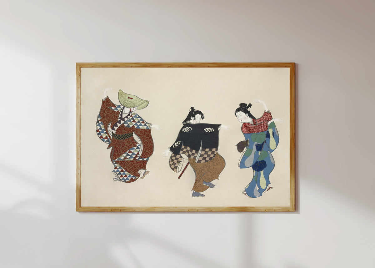 Framed art print of Dancers, from Momoyogusa by Kamisaka Sekka, in a light wood frame on a sunlit white wall