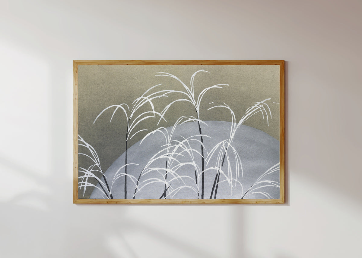 Framed art print of Frost, from Momoyogusa by Kamisaka Sekka, in a light wood frame on a sunlit white wall