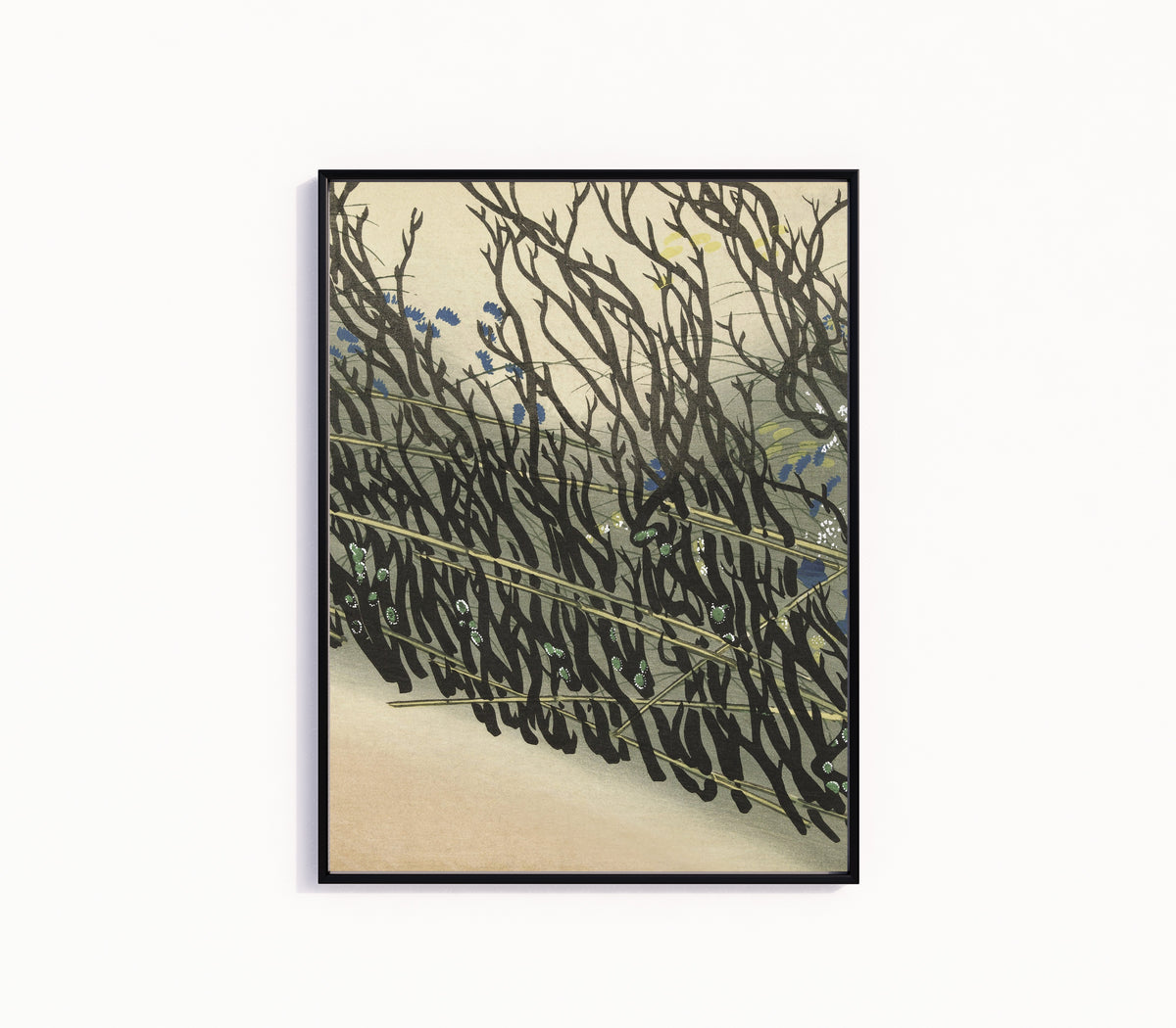 Framed art print of Hedge by Kamisaka Sekka, in a slim black frame on a plain white wall