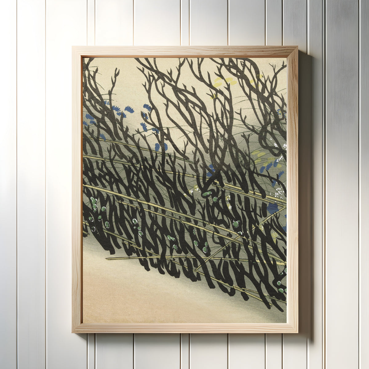 Framed art print of Hedge by Kamisaka Sekka, in a light wood frame on a white panelled wall