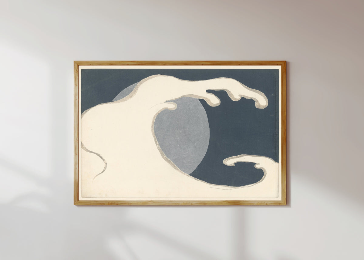 Framed art print of High Wave (Hoge golf) by Kamisaka Sekka, in a light wood frame on a sunlit white wall