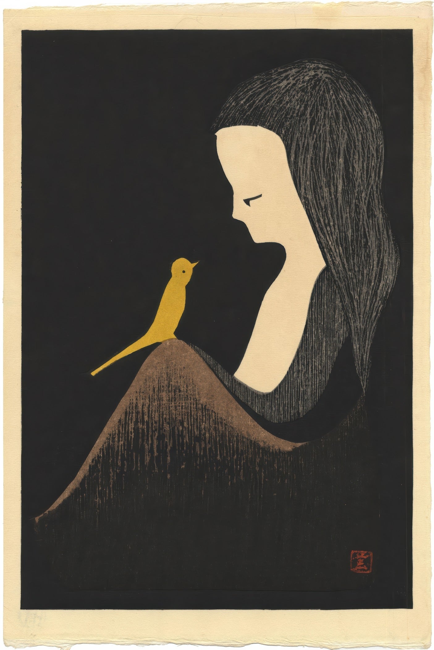 Kaoru Kawano — Girl with Yellow Bird | Shin Hanga Print - 9ArtPrints