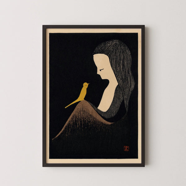 Kaoru Kawano — Girl with Yellow Bird | Shin Hanga Print