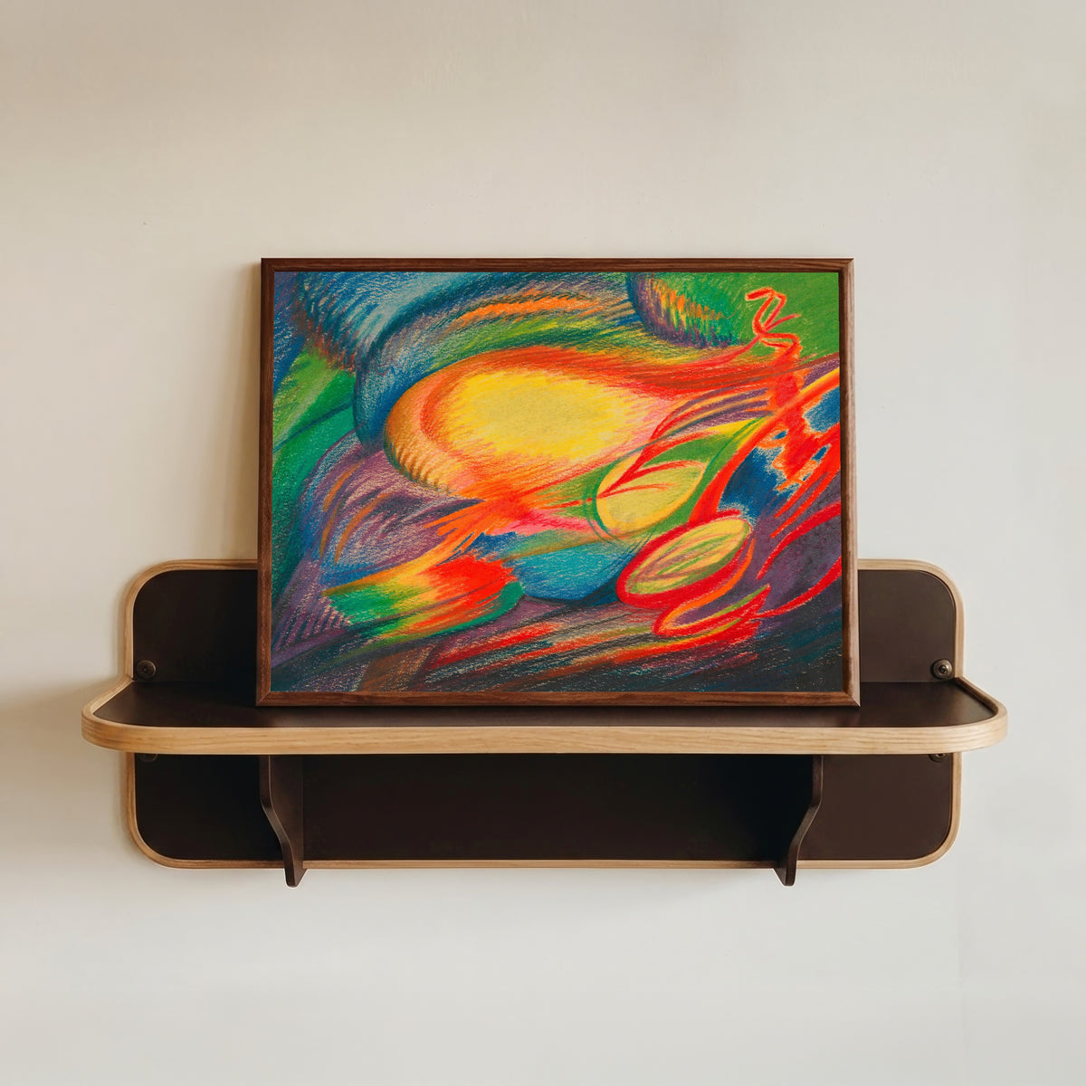 Framed art print of Allegro by Karl Wiener, in a dark wood frame resting on a wall shelf