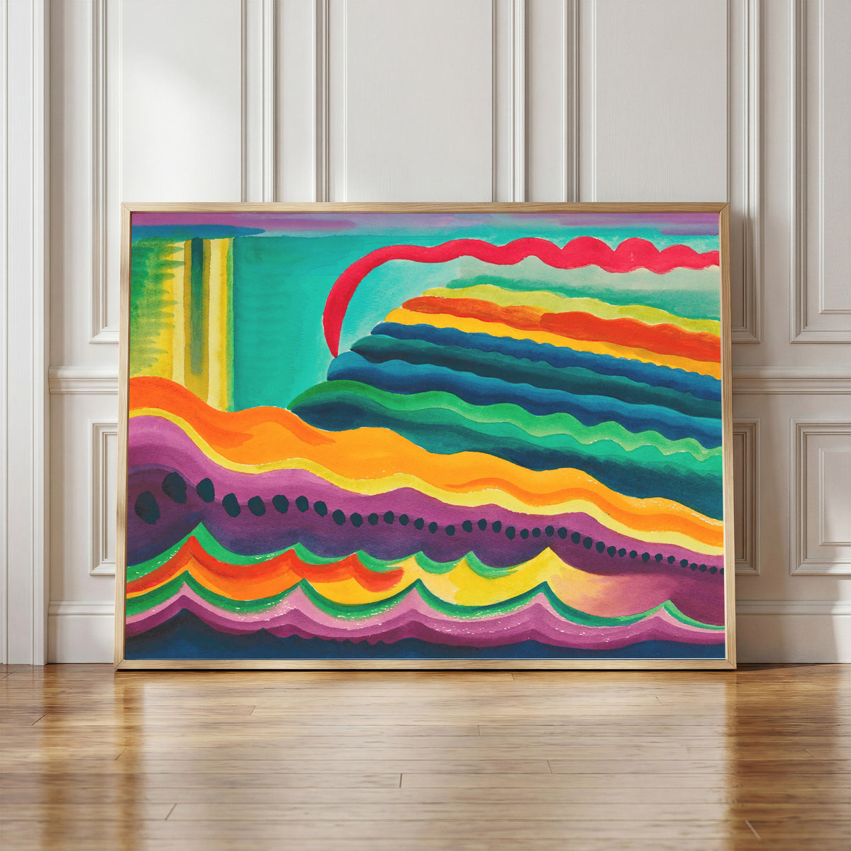 Framed art print of Andante by Karl Wiener, in a light wood frame leaning against a panelled white wall