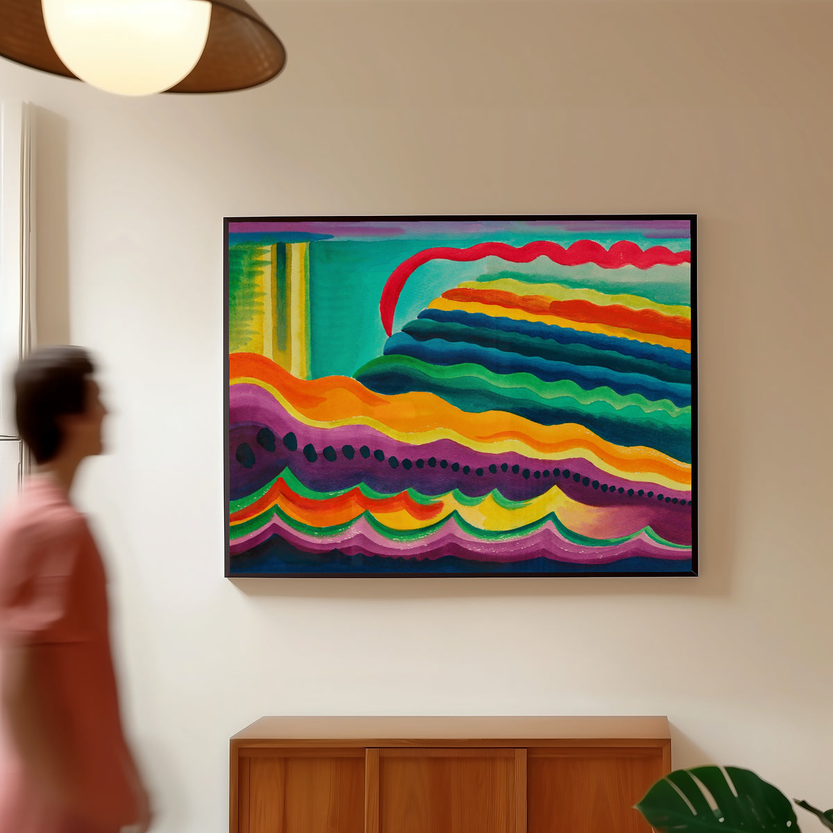 Framed art print of Andante by Karl Wiener, in a slim black frame on a warm wall in a sunlit room