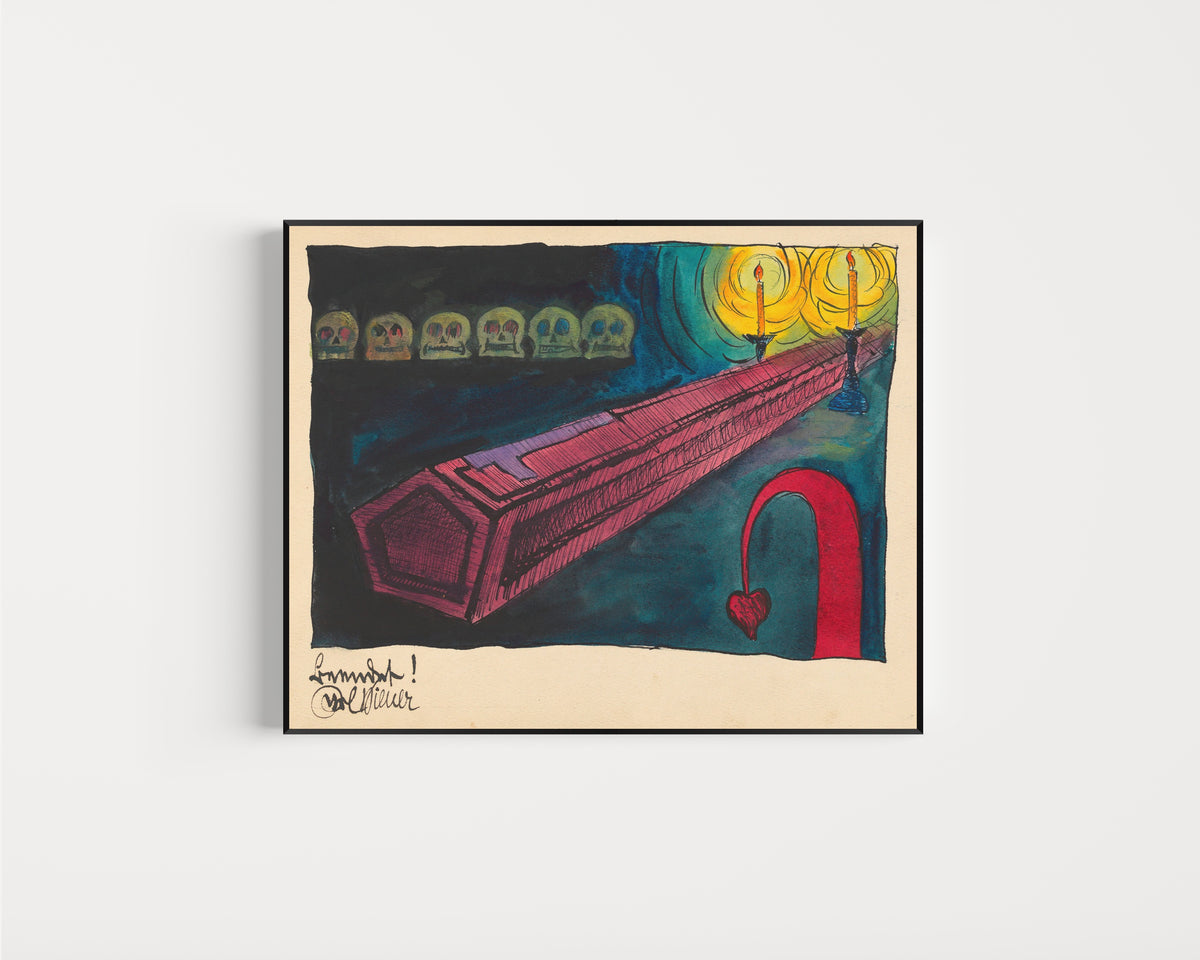 Framed art print of Beendet (Finished) by Karl Wiener, in a slim black frame on a plain white wall