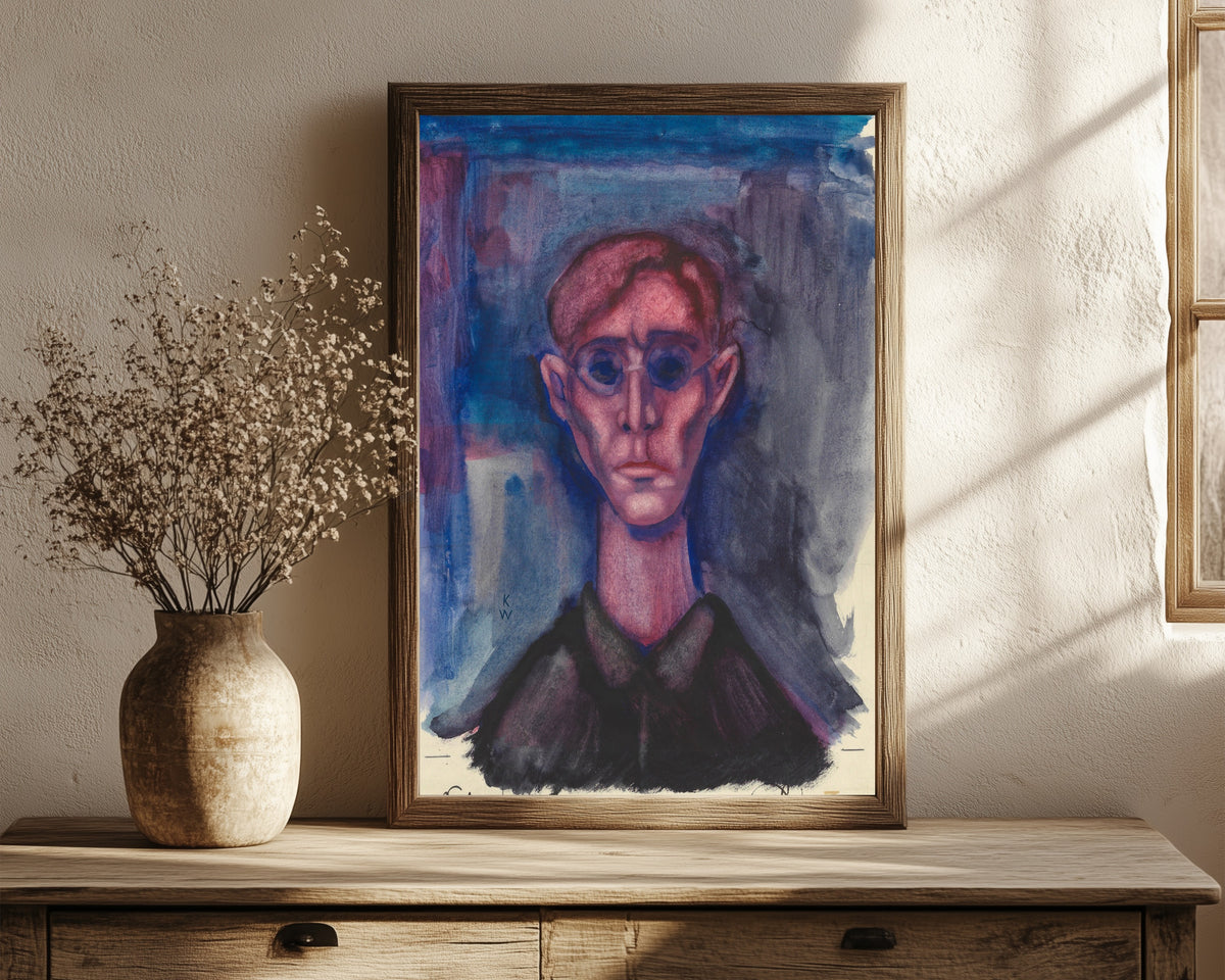 Framed art print of Depression, Selbstporträt (Depression, Self-Portrait) by Karl Wiener, in a dark wood frame leaning on a rustic console beside dried flowers