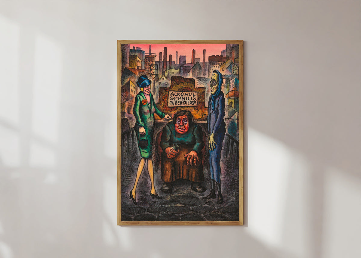 Framed art print of Die drei Volksseuchen (The Three Plagues) by Karl Wiener, in a light wood frame on a sunlit white wall