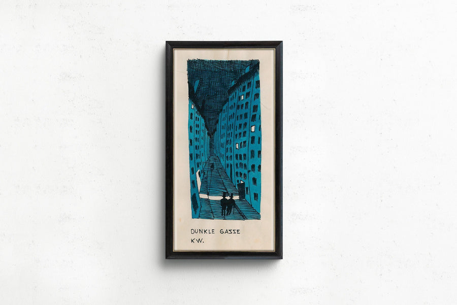 Karl Wiener — Dunkle Gasse (Dark Alley) | Modernist Print shown to scale on a wall above a sofa