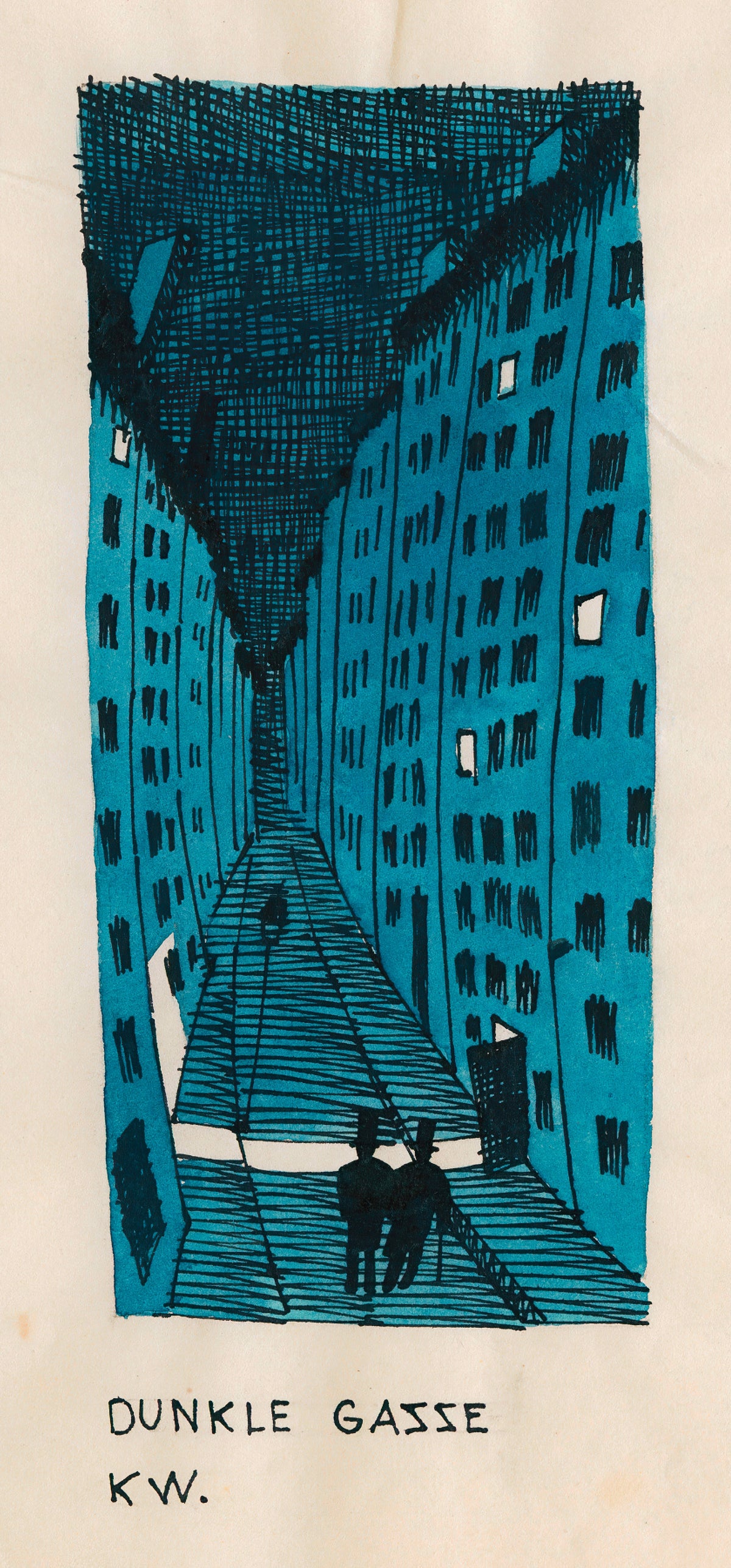 Dunkle Gasse (Dark Alley) by Karl Wiener — Three figures climb a narrow alley between teal tenements