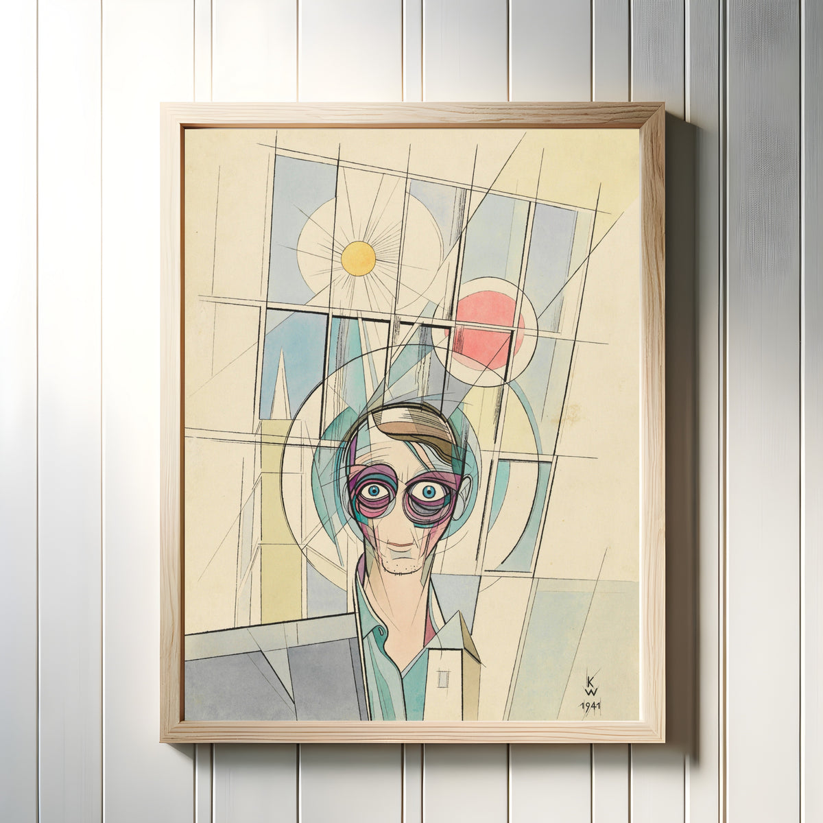 Framed art print of Euphorie, Selbstporträt (Euphoria, Self-Portrait) by Karl Wiener, in a light wood frame on a white panelled wall